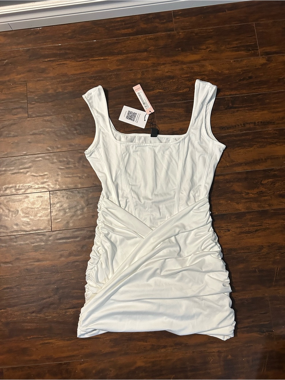 White Ruched Square-Neck Mini Dress